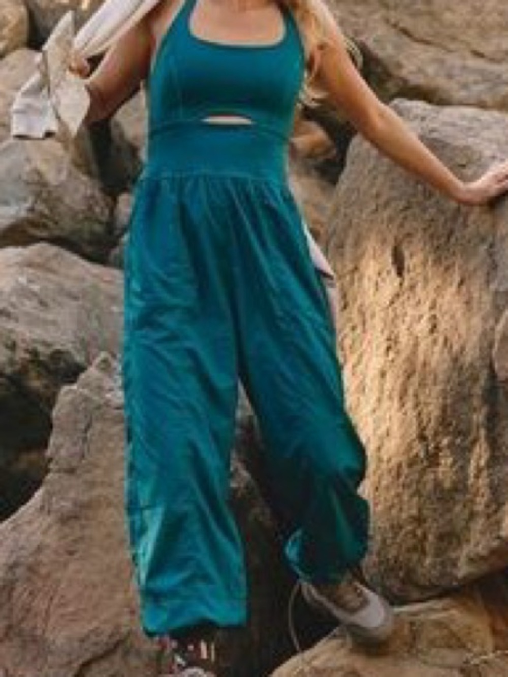 Free People Movement Righteous Onsie Teal Jumpsuit with Cutout Detail